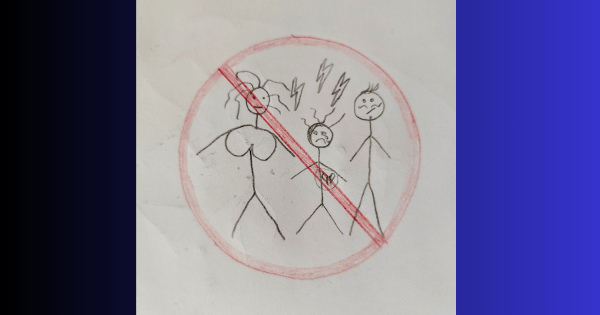 Drawing of child and two adults, within a red circle with a crossed line running through it