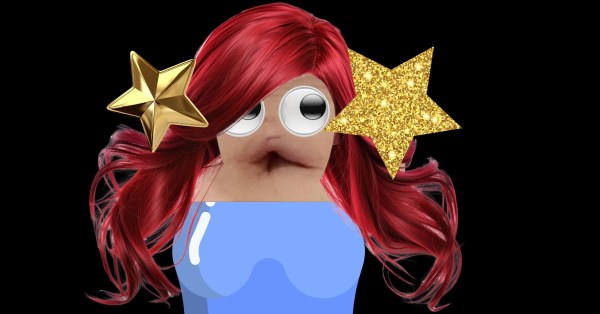 Photo of a belly button, dressed up in a wig and bathing suit